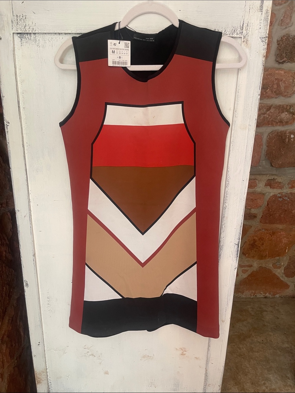 Zara Red Rust Black Colorblock Chevron Dress